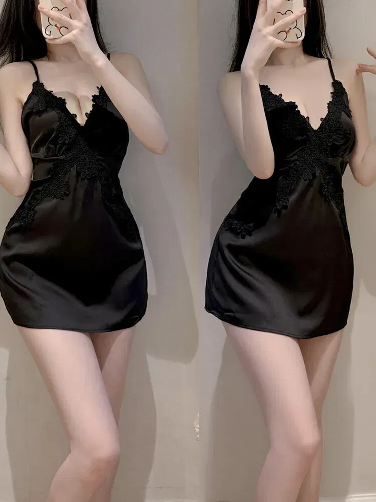 Color: black, Size: M - Tank Mini Dress Fashion Korean 2023 New Sweet Lingerie Sexy V Neck Satin Lace Backless Strap Dress Elegant Tops Lace Sheer UZ38