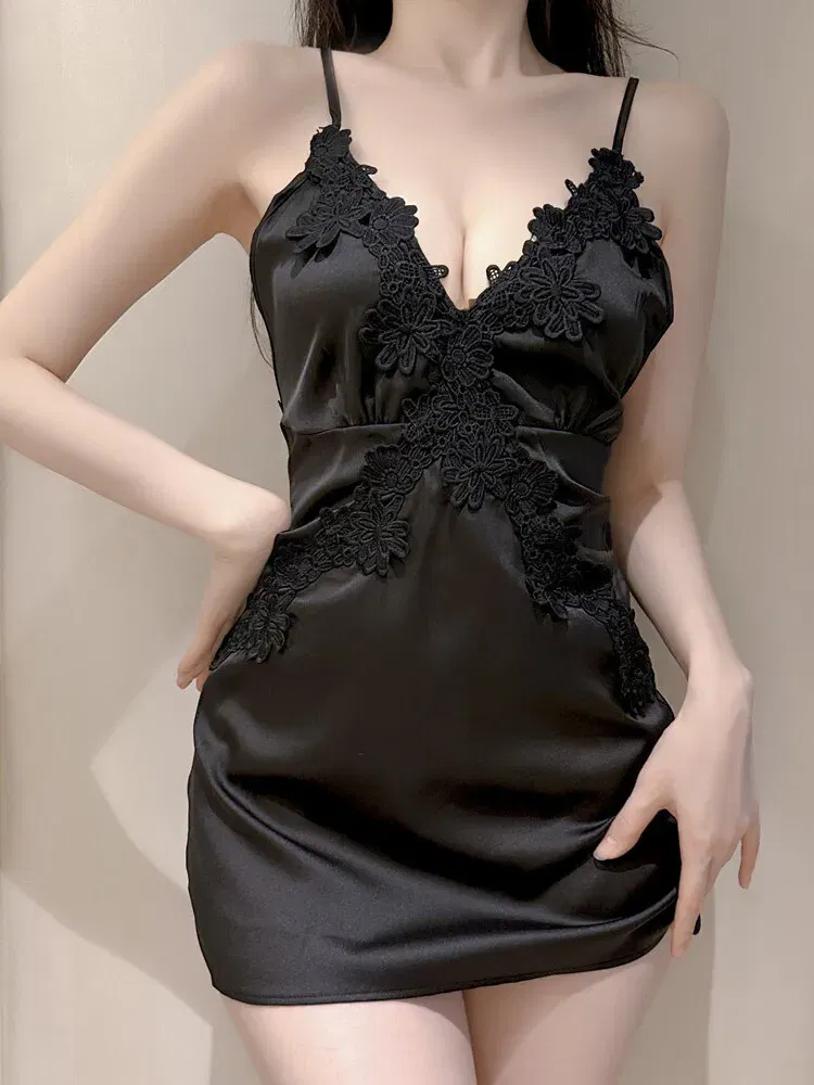 Color: black, Size: M - Tank Mini Dress Fashion Korean 2023 New Sweet Lingerie Sexy V Neck Satin Lace Backless Strap Dress Elegant Tops Lace Sheer UZ38