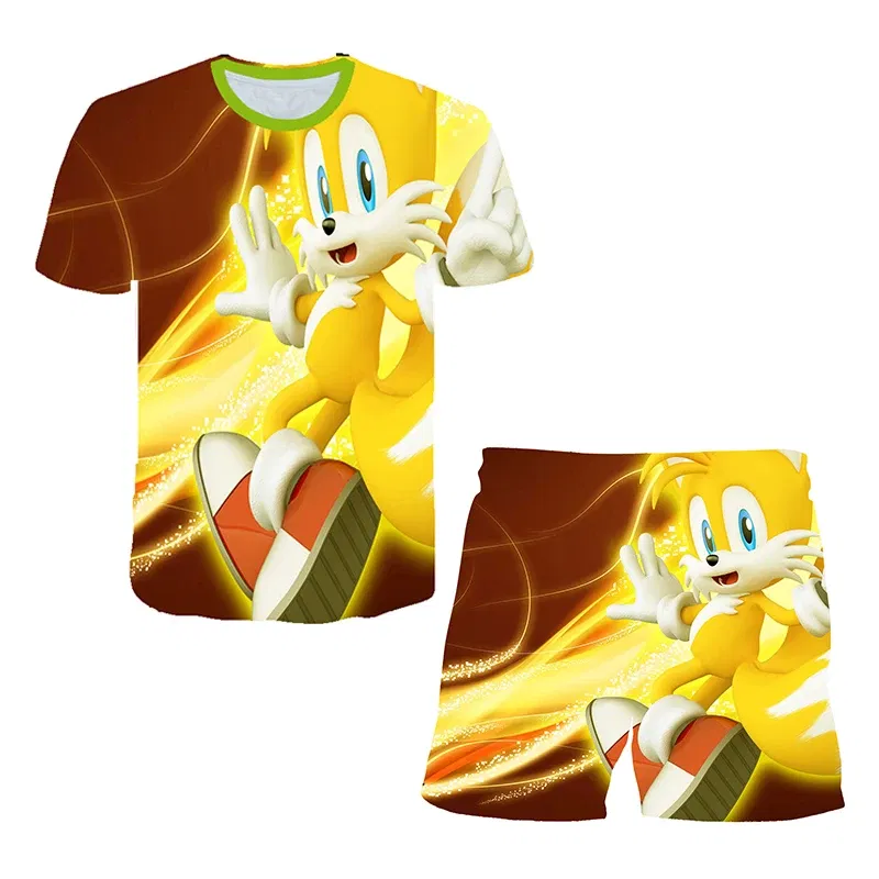 Color: Gold, Size: 25cm - New Japanese cartoon Sonic T-shirt children's top T-shirt shorts two-piece set summer boy cartoon cute T-shirt+beach pants