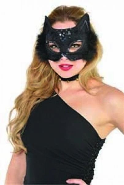 Dress Up Mask - Fancy Black Cat - Feather Marabou