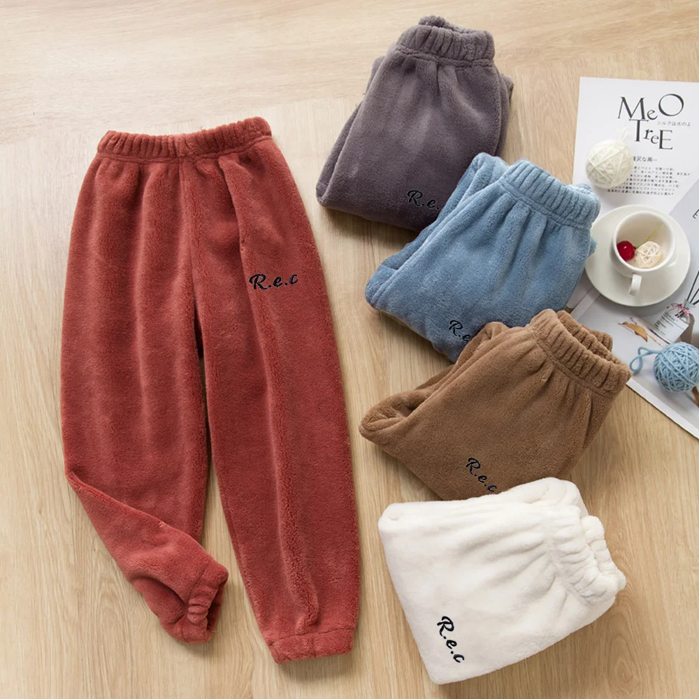Color: Red, Kid Size: 3T - Children Thicken Fleece Pants Boys and Girls Solid Letter Embroidery Sports Casual Kids Clothes Warm Leggings Clothing Winter