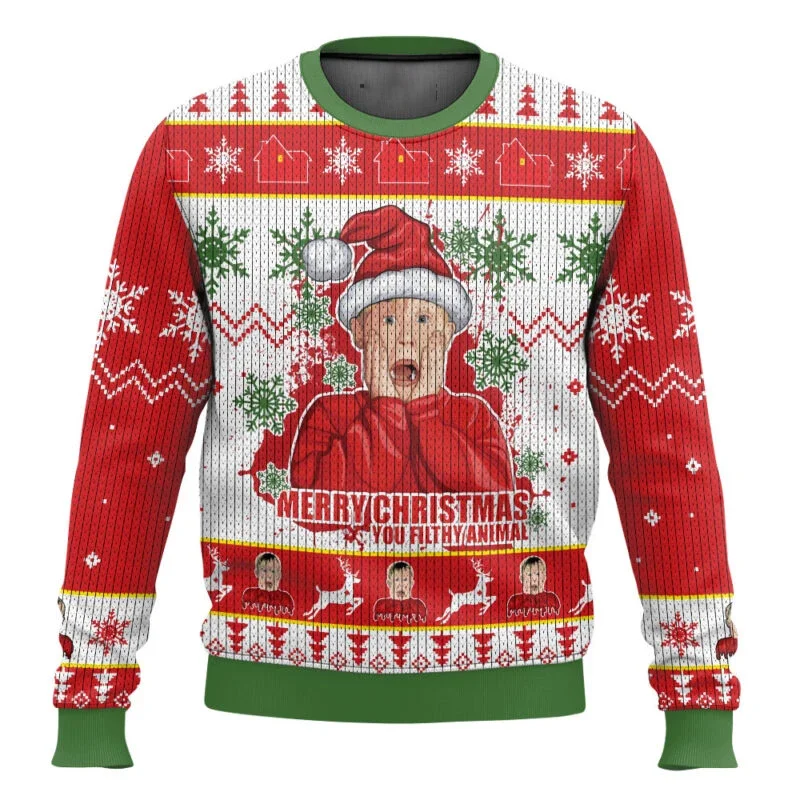 Color: Gold, Size: XXL, Ships From: CHINA - Merry Christmas alone at home Ugly Christmas sweater cartoon animation Men's pullover 2026 fashionable couple shirts Sweatshirt