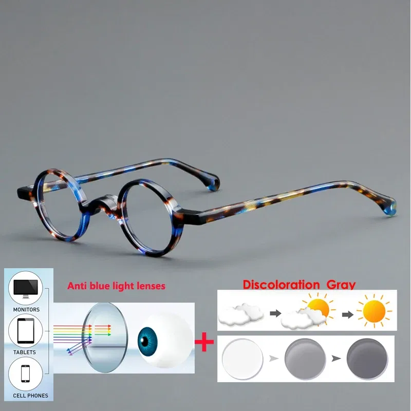 Frame Color: Bright Yellow, Eye Prescription: +400 - VCKA Photochromic Acetate Myopia Glasses Men Retro Small Round Frames Women Custom prescription Anti-Blue Eyewear -0.5 TO -10