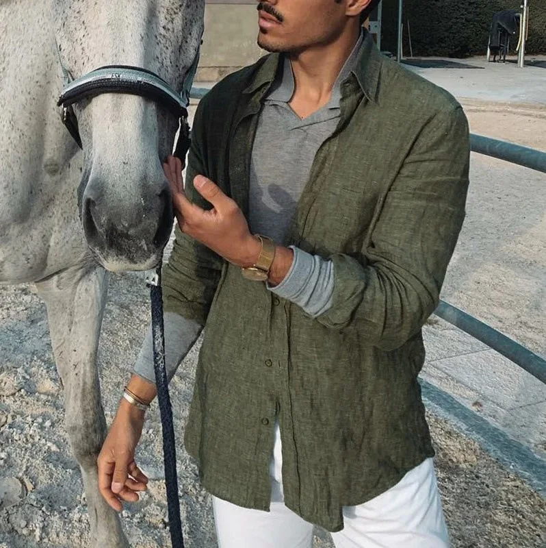 Color: green, Size: S, Sale by Pack: Pack of 1 - Men's new men's long sleeve buttoned cotton linen shirt lapel cardigan