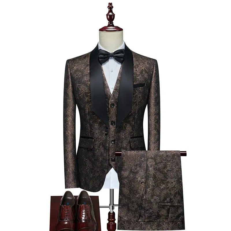 Color: Beige, Size: 4XL - Men's Evening Dress Bridegroom Suit British Wedding Business Casual Fashion Three-piece Set with Vest And Trousers Sizes M-6XL