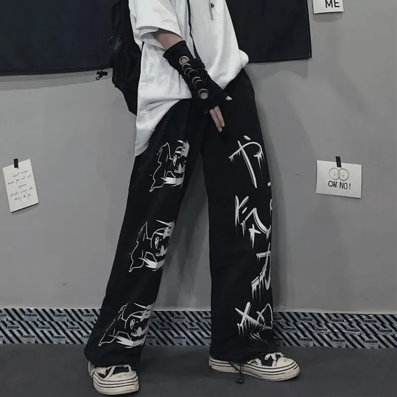 Color: black, Size: L - Black Japenese Printed Anime Y2k Sweatpants Male Streetwear Wide Leg Oversize Baggy Pants Casual Sport Causl Trousers Men 2023