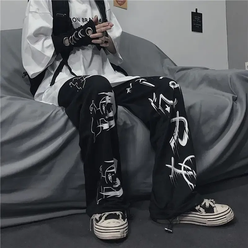 Color: black, Size: L - Black Japenese Printed Anime Y2k Sweatpants Male Streetwear Wide Leg Oversize Baggy Pants Casual Sport Causl Trousers Men 2023
