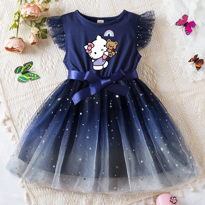 Color: Coffee, Kid Size: 5 - Hello Kitty Girls Sequin Tutu Dress with Bow Flutter Sleeves Summer Princess Party Outfit for Toddler Kids 2-6 Years