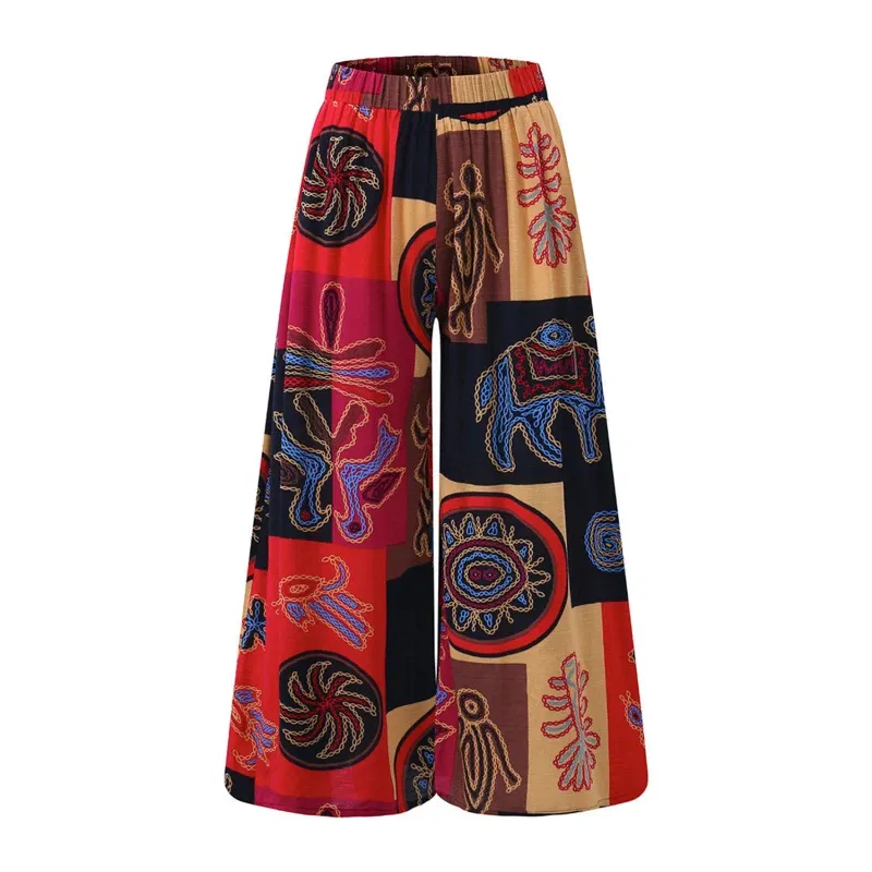 Color: Red, Size: XXXL - Ethnic Style Wide Leg Trousers Women Yoga Harem Pants Gypsy Hippie Thai Boho Court Pants Ruched Waist Aladdin Women's Pants