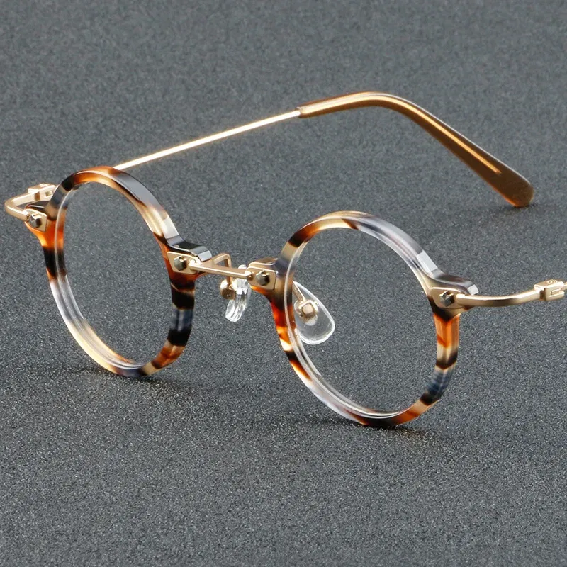 Frame Color: black, Eye Prescription: +400 - VCKA Anti-blue Discolor Acetate+Titanium Myopia Glasses Frames Small Round Men Prescription Optical Women Eyewear -0.50 to -10.0