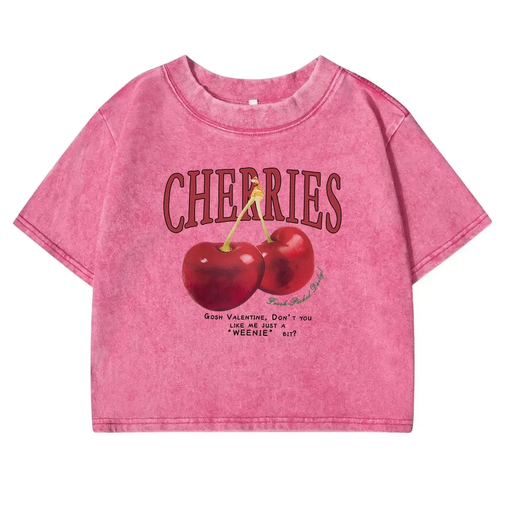 Color: GRAY, Size: S - Red Cherries Letter Printed Female T-shirt Fashion Summer Washed Clothing Casual Cotton Crop Top Retro Tee Shirts For Women