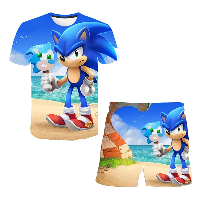 Color: MULTI, Size: 12" - New Japanese cartoon Sonic T-shirt children's top T-shirt shorts two-piece set summer boy cartoon cute T-shirt+beach pants