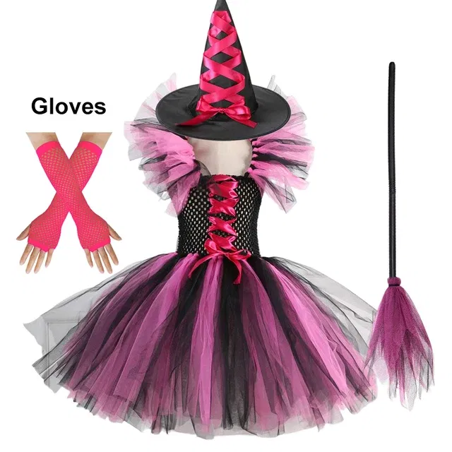 Color: light brown, Kid Size: 2T - Halloween Witch Tutu Dress for Girls Handmade Mesh Bat Wizard Cosplay Costumes with Hat Broom Toddler Evil Party Clothes Set
