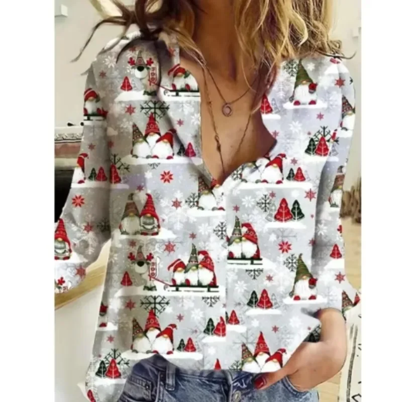Color: Khaki, Size: L, Ships From: CHINA - Women New Christmas Shirt Cute Christmas Tree Santa Claus Print Blouses Casual Long Sleeve Button Tops Autumn Blouses Ladies