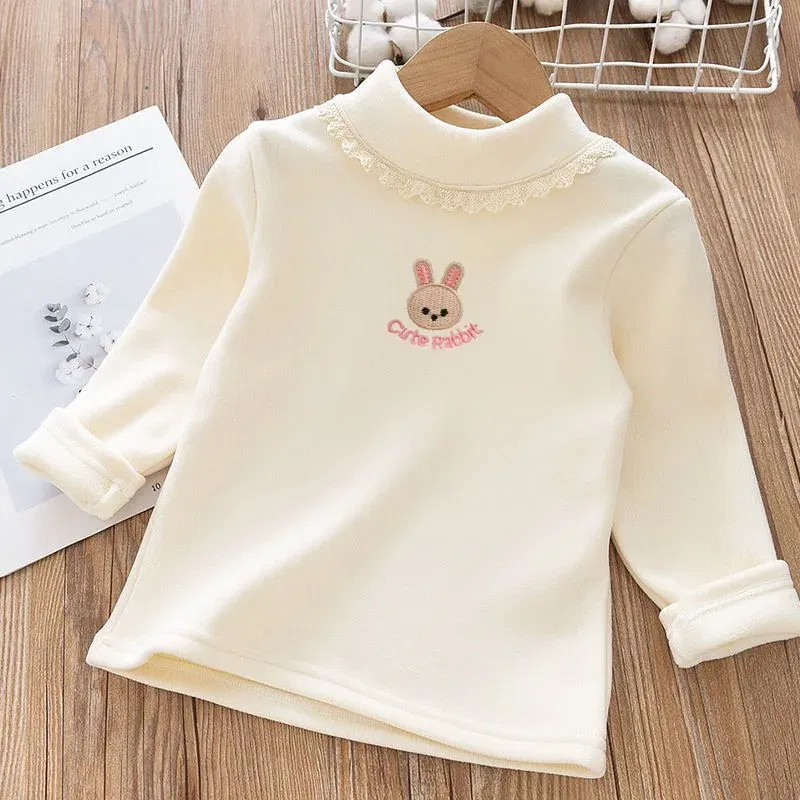 Color: black, Kid Size: 7 - 1pcs Children's T-Shirts Rabbit Embroidery Velvet warm top Kids Half High Collar Long Sleeve Base Shirt Girls Tshirts Clothes