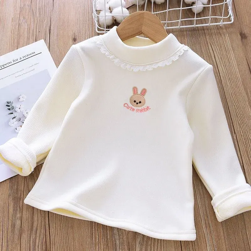 Color: black, Kid Size: 7 - 1pcs Children's T-Shirts Rabbit Embroidery Velvet warm top Kids Half High Collar Long Sleeve Base Shirt Girls Tshirts Clothes