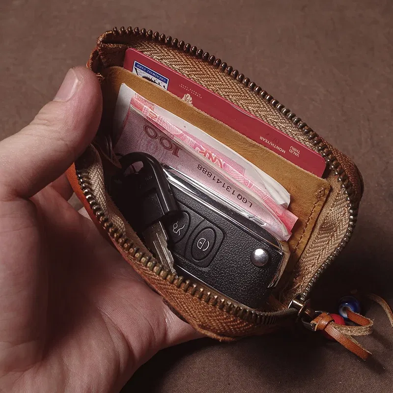 Color: Gold, Ships From: CHINA - GURO High Quality Genuine Leather Home Car Key Bag Retro Men Handmade Top Cowhide Coin Purse Women Zipper Mini Wallet Card Holde