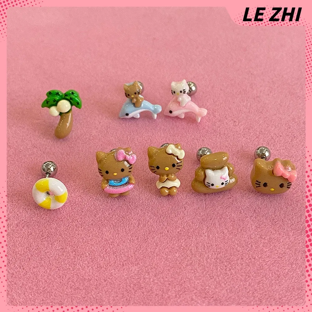 Color: light yellow, Size: M - Hawaii HelloKitty Cute Ear Stud Coconut Palm Earrings Anime Accessories Maiden Heart Girls Birthday Present Fashion Jewelry Gift