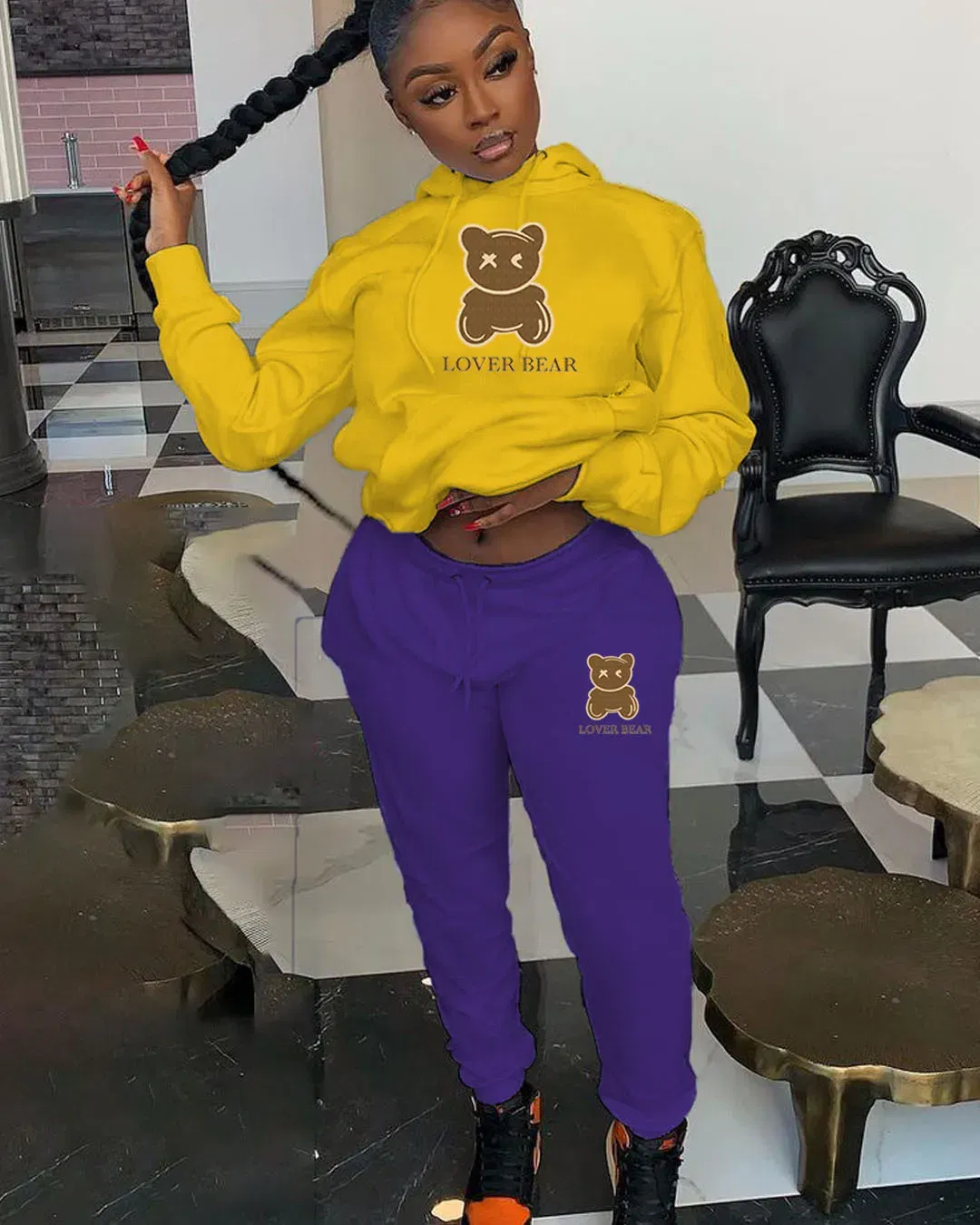 Color: Cyan, Size: S - 2 Piece Set Women Outfit Letter Bear Print Hooded Neck Hoodies Sweatshirt Pants Tracksuit 2024 Plus Size Streetwear Casual Suit