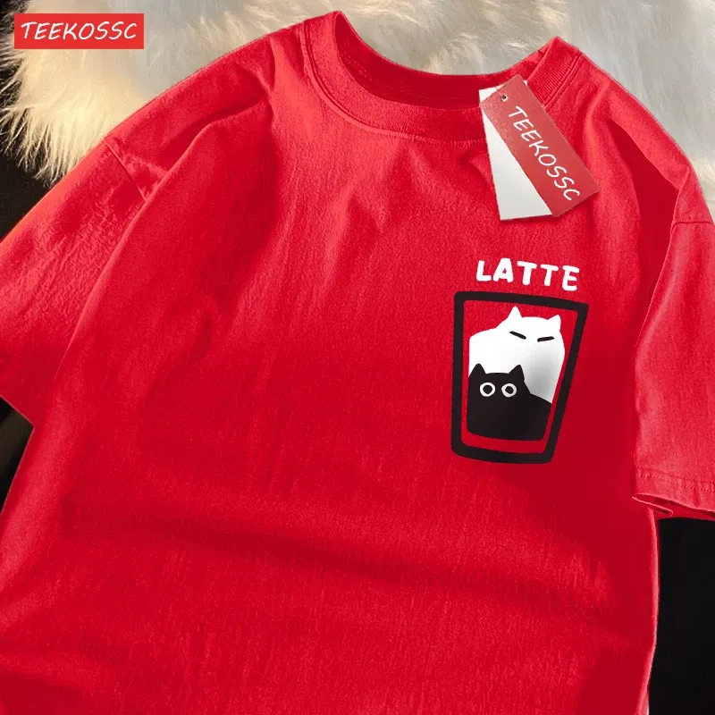 Color: PURPLE, Size: XXL - Mocha Latte Couple Outfit Cat Coffee Couple Male T-Shirts Graphic Cool Tee Shirt High-Quality Oversized Tshirt Comfort Soft