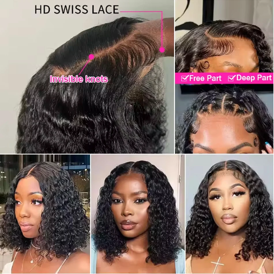 Hair Color: #1B, Stretched Length: 12INCHES - 13X4 Glueless Water Wave Wigs Human Hair Pre Cut Bob Wig Ready To Go 180% Density 4x4 Water Wave Lace Closure Wigs Human Hair