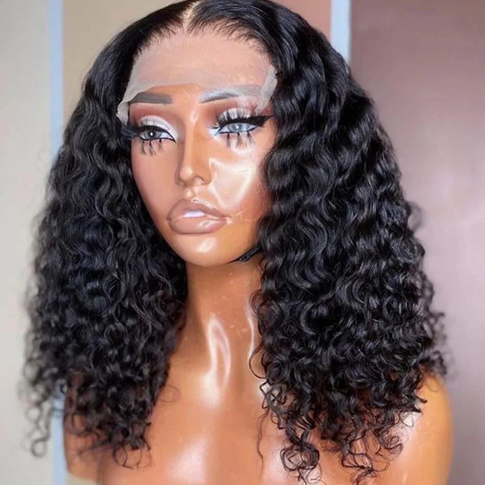 Hair Color: #1B, Stretched Length: 12INCHES - 13X4 Glueless Water Wave Wigs Human Hair Pre Cut Bob Wig Ready To Go 180% Density 4x4 Water Wave Lace Closure Wigs Human Hair
