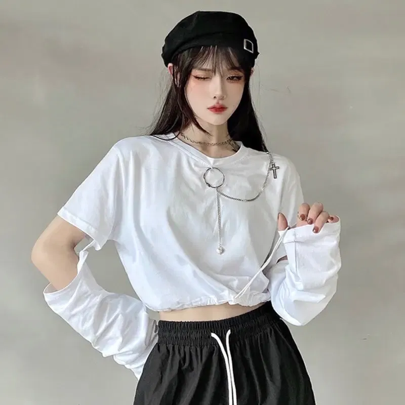 Color: black, Size: XL - Solid T-shirts Women Removable Sleeve Sequined Chain Japanese Style Harajuku Trendy Goth Y2k Female Crop Top Hot Sale Popular