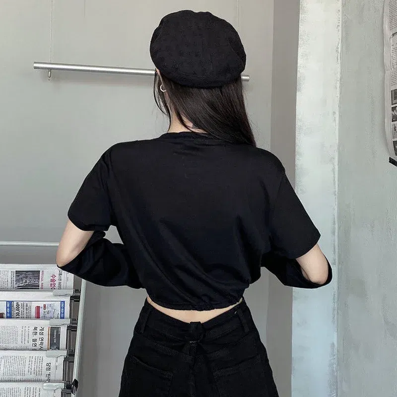 Color: black, Size: XL - Solid T-shirts Women Removable Sleeve Sequined Chain Japanese Style Harajuku Trendy Goth Y2k Female Crop Top Hot Sale Popular