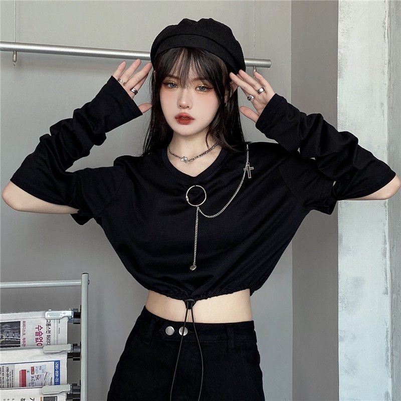 Color: black, Size: XL - Solid T-shirts Women Removable Sleeve Sequined Chain Japanese Style Harajuku Trendy Goth Y2k Female Crop Top Hot Sale Popular