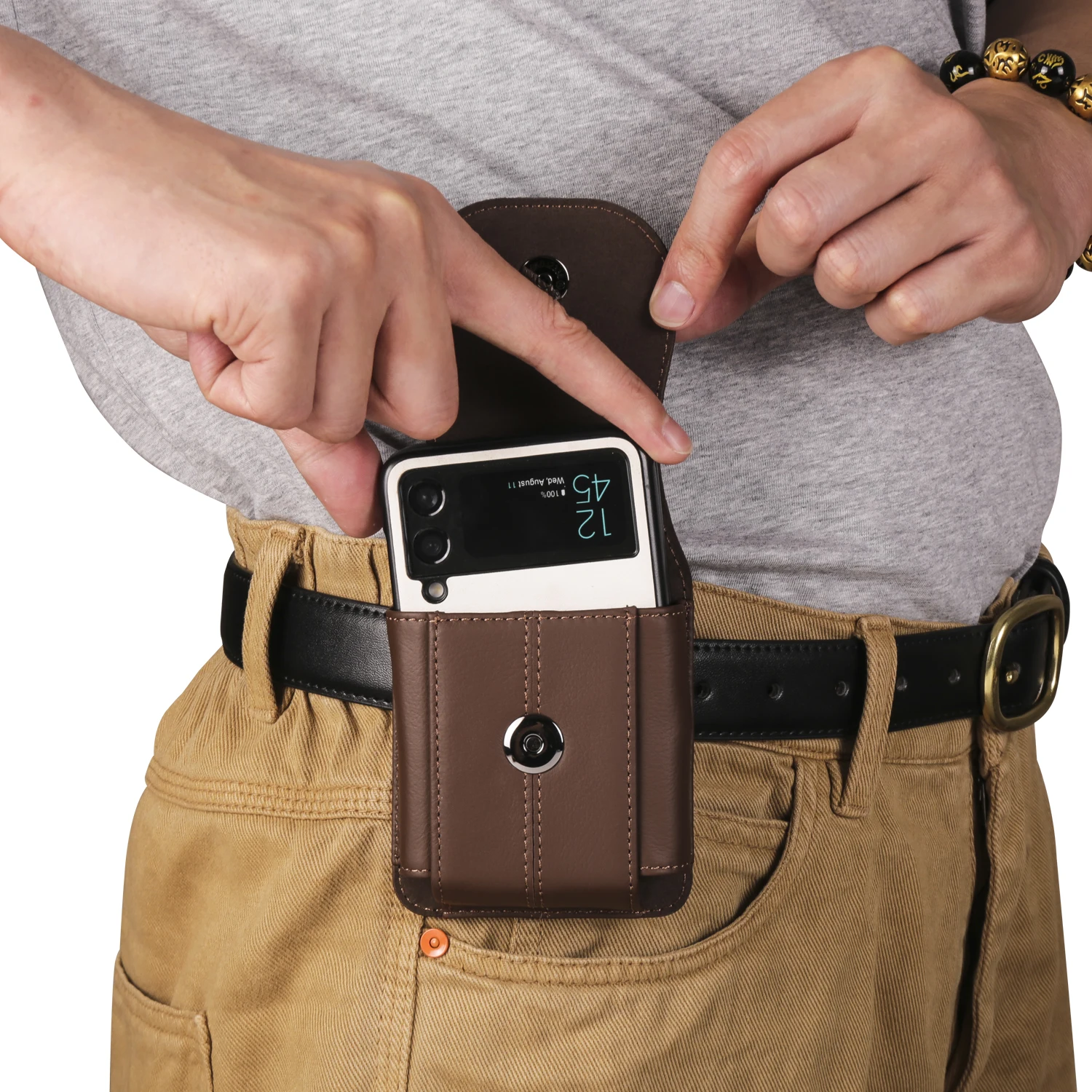 Color: Beige, Ships From: CHINA, Material: Neoprene - Cow Genuine Leather Belt Clip Case For Samsung Galaxy Z Flip6 Flip5 Flip4 6 5 4 3,Oppo Find N3 Flip Men Waist Bag Holster Pouch