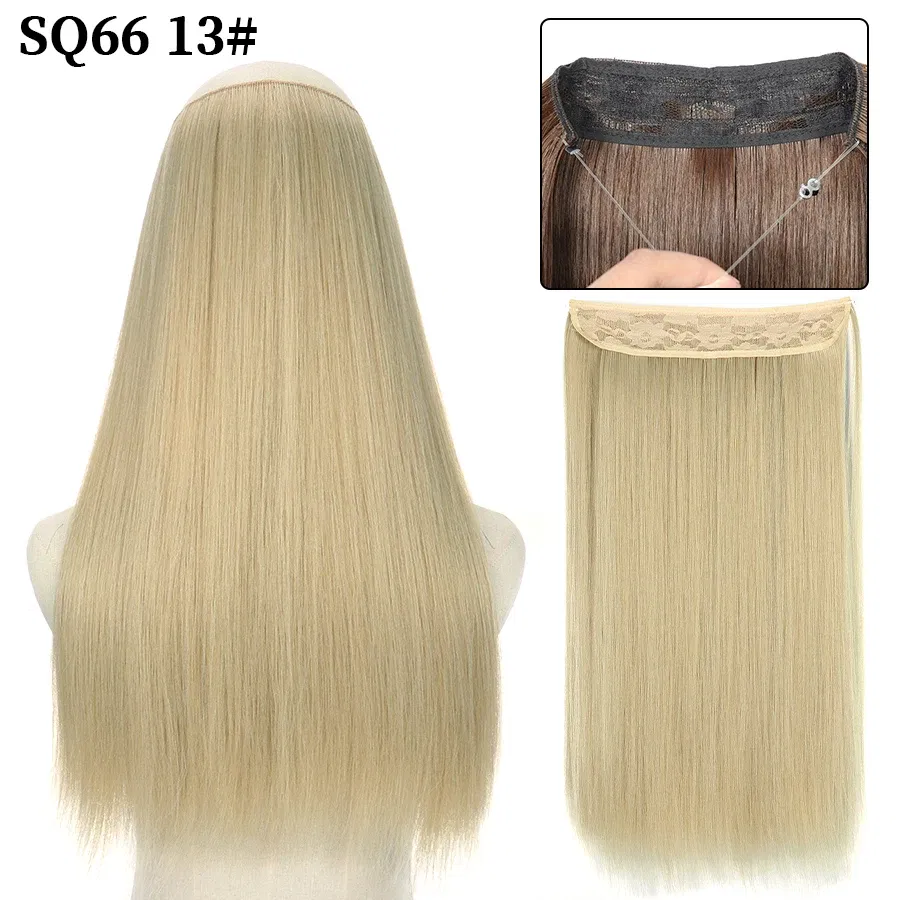 Color: NC/4HL, Stretched Length: 22inches, Ships From: CHINA - Synthetic Natural Wavy No Clip Fish Line Invisible Hair Extensions Mixed Color Blonde Black Artificial False Hair Piece ForWomen
