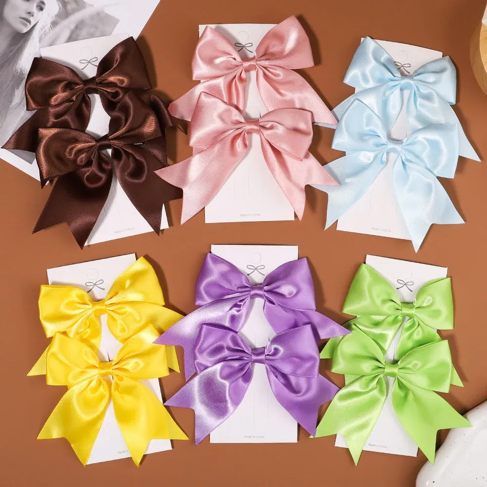 Color: Yellow - 2Pcs/set Delicate Ribbon Cheer Bows Hair Clip for Kids Solid Color Hairpins Barrettes Handmade Headwear Girl Hair Accessories