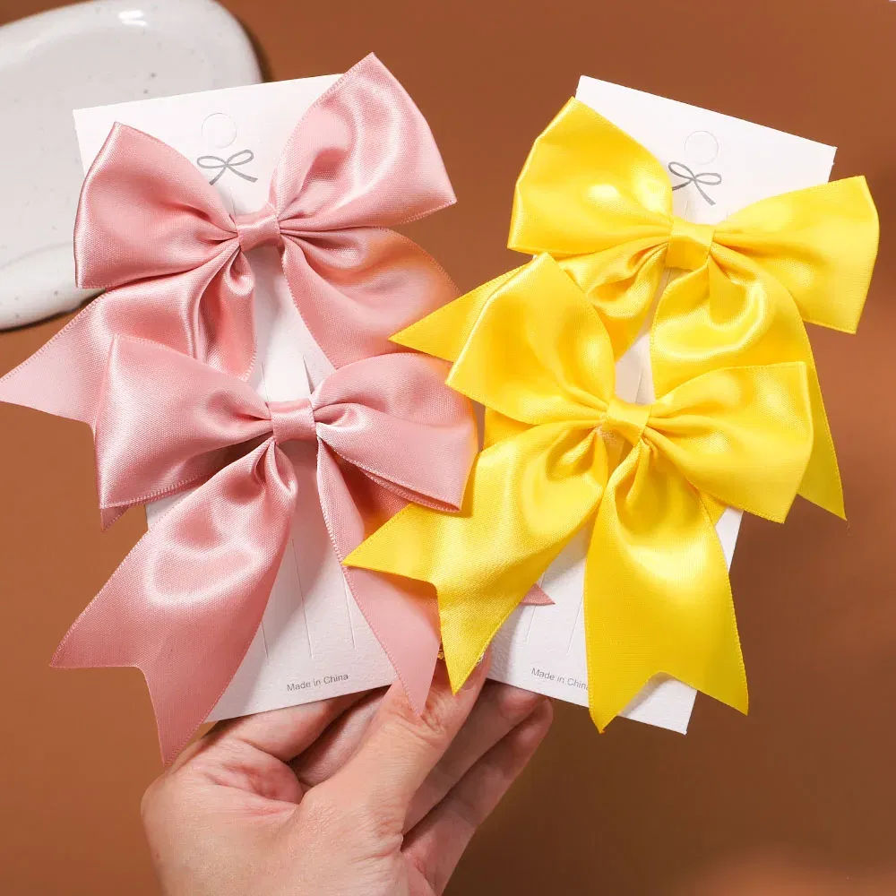 Color: Yellow - 2Pcs/set Delicate Ribbon Cheer Bows Hair Clip for Kids Solid Color Hairpins Barrettes Handmade Headwear Girl Hair Accessories