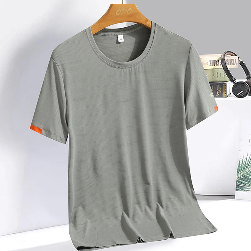 Color: Navy Blue, Size: XXXL - Men's Silk Ice Round Collar T-shirt, Simple Running Fitness Suit, Breathable Thin T-shirt, Quick Dry T-shirt, Summer