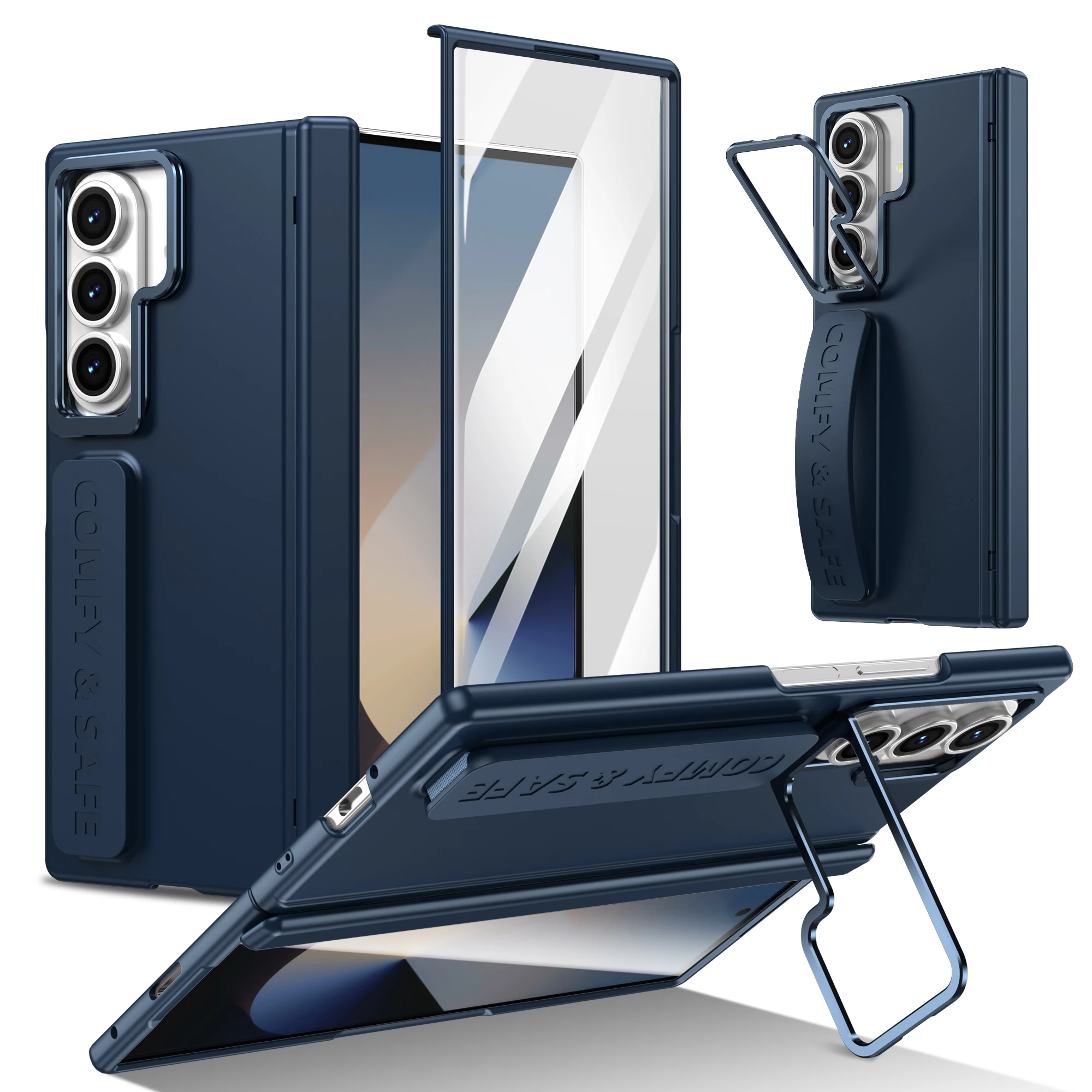 Color: Clear, Material: aluminum - For Samsung Galaxy Z Fold 7 6 5 4 3 Wristband Hinge Lens Holder Phone Case Outer Screen Glass Film Protection Shockproof Cover