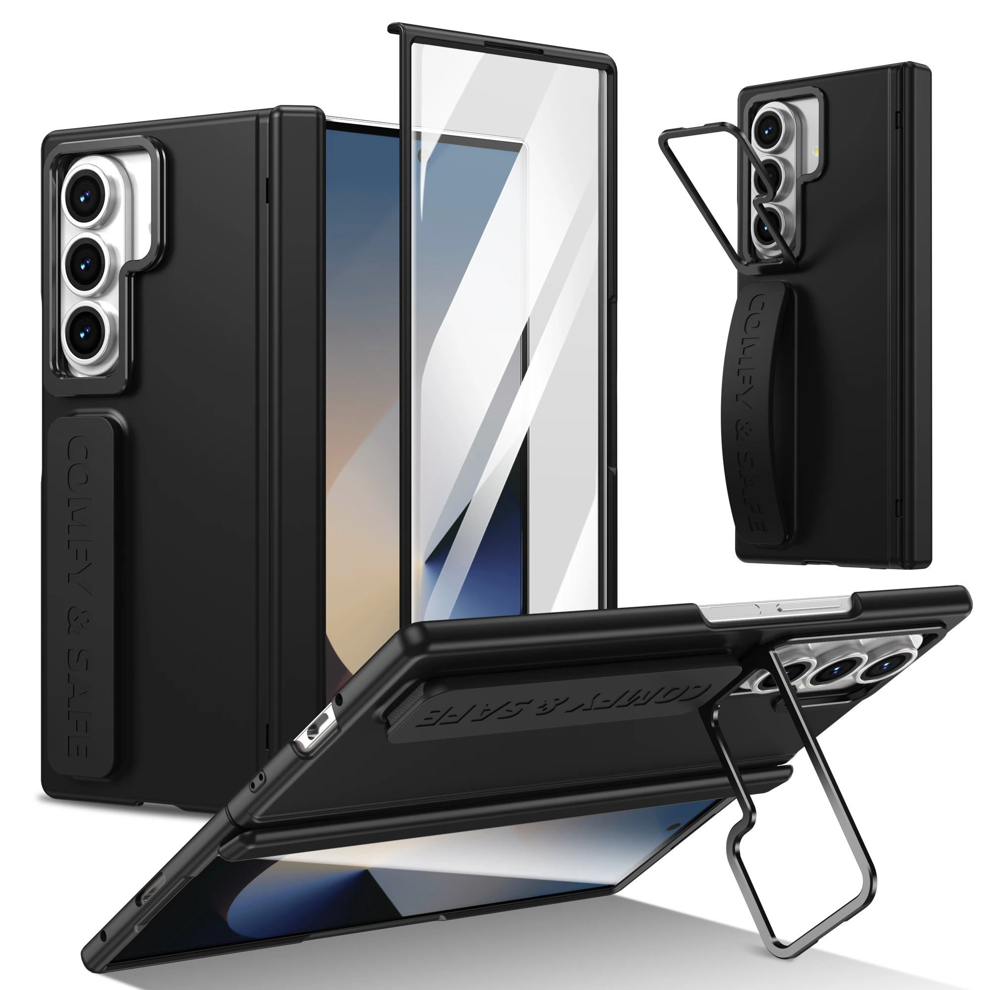 Color: Clear, Material: aluminum - For Samsung Galaxy Z Fold 7 6 5 4 3 Wristband Hinge Lens Holder Phone Case Outer Screen Glass Film Protection Shockproof Cover