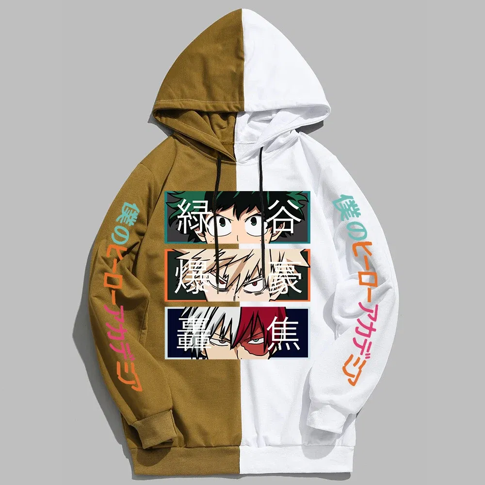 Color: black, Size: XL - 2022 New Anime My Hero Academia Hoodies Men Pullover Hiphop Hooded Sweatshirt Patchwork Women Streetwear Long Sleeve Unisex Tops