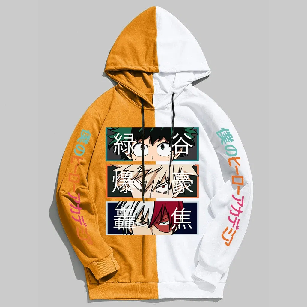 Color: black, Size: XL - 2022 New Anime My Hero Academia Hoodies Men Pullover Hiphop Hooded Sweatshirt Patchwork Women Streetwear Long Sleeve Unisex Tops