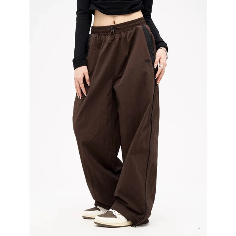 Color: black, Size: L - Women Spring Retro Solid Loose Drawstring Trousers Casual Joggers Baggy Wide Leg Sweatpants Mid Waist Sporty Y2k Female Clothes