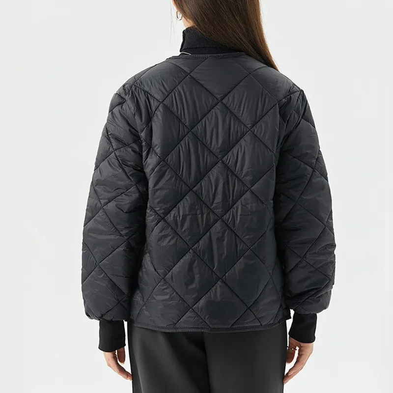 New Rhombus Sewing Cotton Coat Winter Warm Round-neck Jacket With Pockets Lightweight Outerwear For Women's Clothing