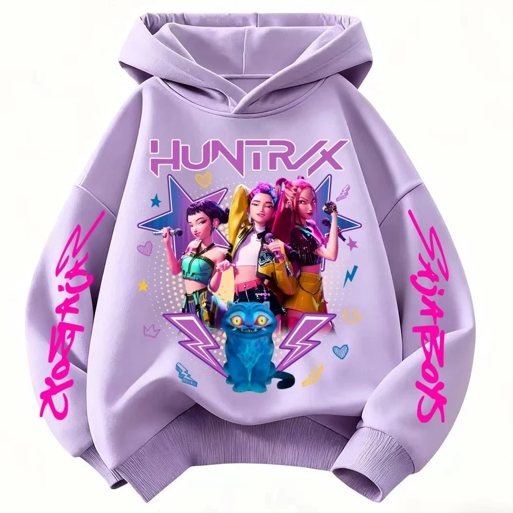 Color: Beige, Kid Size: 6 - Cartoon Hoodie for Boys and Girls KPop Demon Hunter Rumi Derpy Warm and Thick, Fashionable Casual Top, Printed Purple Sweatshirt