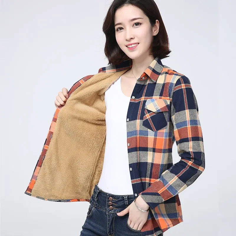 Color: Khaki, Size: M - 2025 Winter New Women's Warm Plaid Shirt Coat Casual Fleece Velvet Plus Thicke Jacket Tops College Style Woman Clothes Outerwear