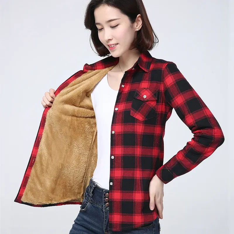 Color: Khaki, Size: M - 2025 Winter New Women's Warm Plaid Shirt Coat Casual Fleece Velvet Plus Thicke Jacket Tops College Style Woman Clothes Outerwear