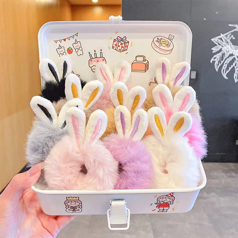 Color: black - Korean Plush Rabbit Ear Hair Scrunshies Autumn Winter Candy Color Cute Horsetail Ball Hair Rope High Elastic Rubber Band Girl
