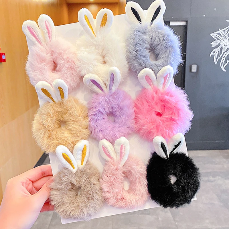 Color: black - Korean Plush Rabbit Ear Hair Scrunshies Autumn Winter Candy Color Cute Horsetail Ball Hair Rope High Elastic Rubber Band Girl