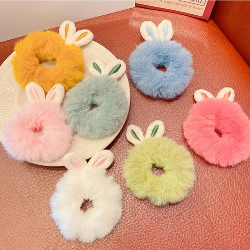 Color: black - Korean Plush Rabbit Ear Hair Scrunshies Autumn Winter Candy Color Cute Horsetail Ball Hair Rope High Elastic Rubber Band Girl