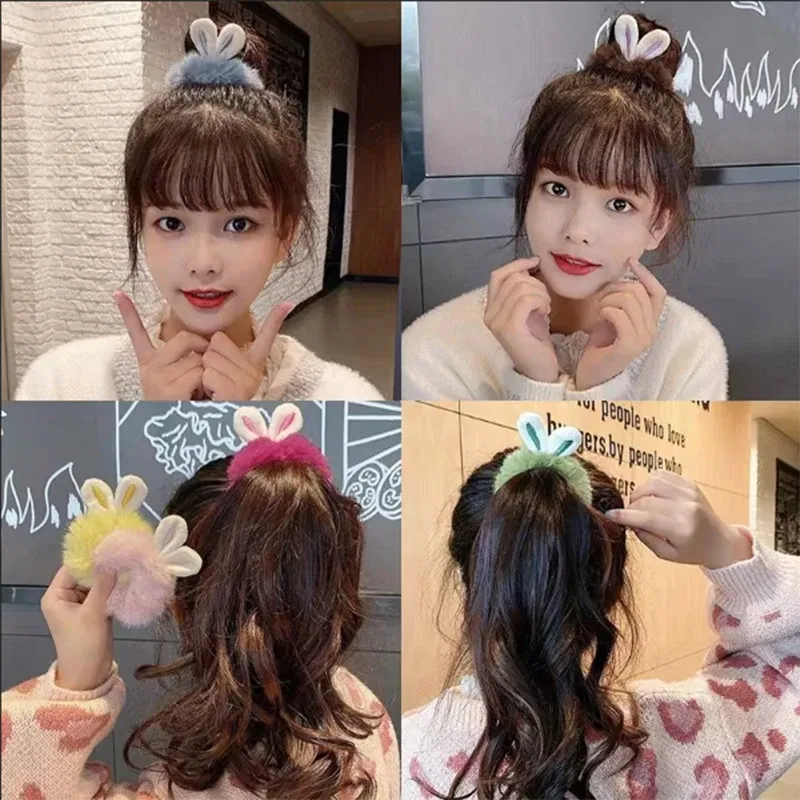 Color: black - Korean Plush Rabbit Ear Hair Scrunshies Autumn Winter Candy Color Cute Horsetail Ball Hair Rope High Elastic Rubber Band Girl