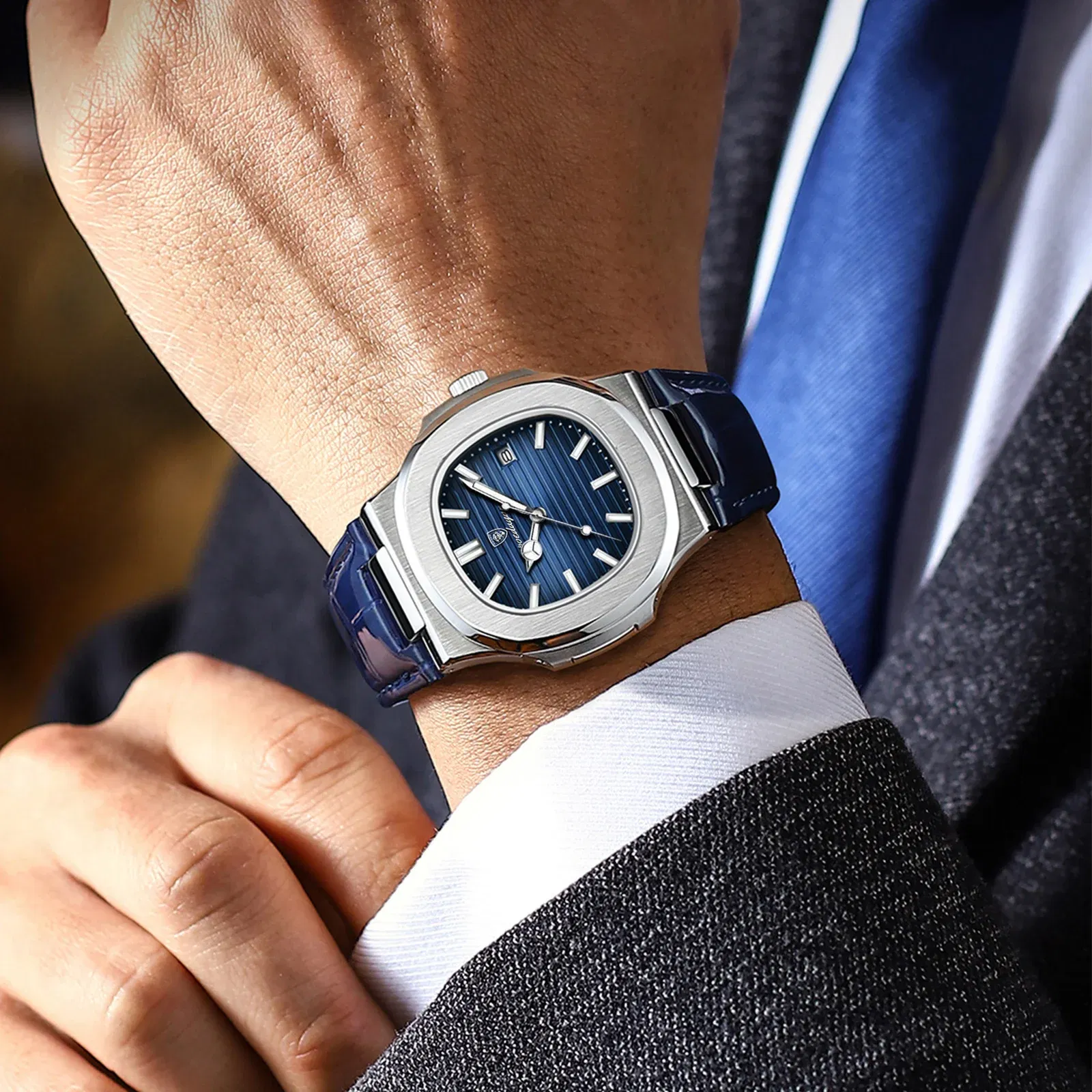 Color: Silver - POEDAGAR Luxury Man Wristwatch Waterproof Luminous Date Leather Men's Watches Sports Square Men Watch Casual Quartz Male Clocks