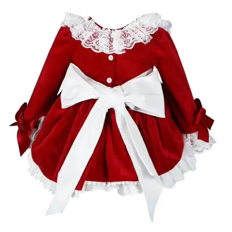 Kid Size: 24M - 4PCS Baby Girl Autumn Winter Spring Red Velvet Vintage Spanish Princess Dress Lolita Christmas Birthday Wedding Party C1