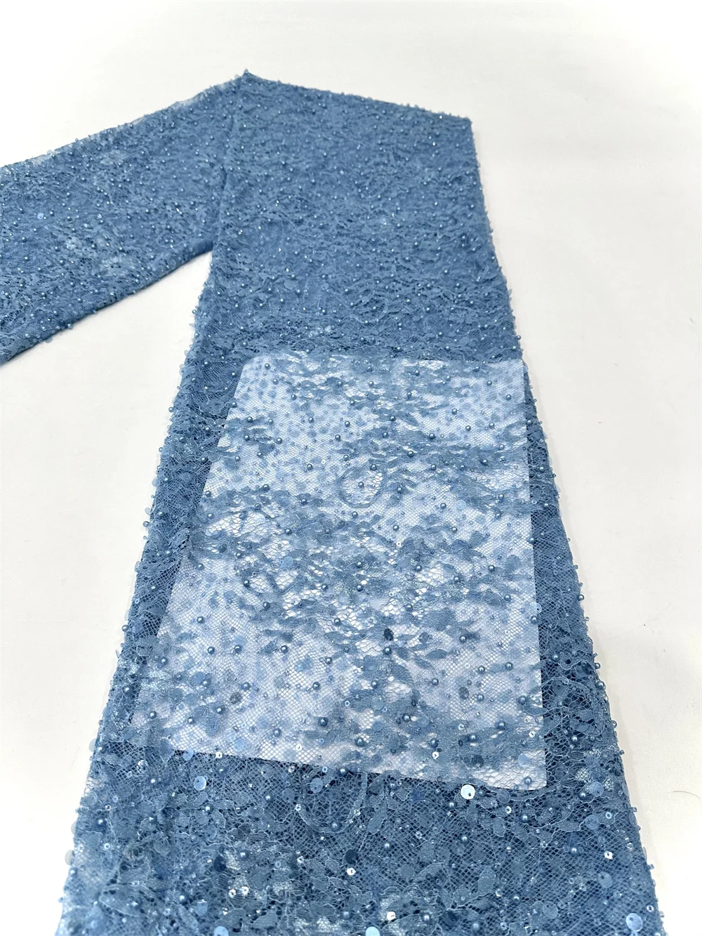 Color: SKY BLUE, Width: 120cm, Length: 5 yards - Luxury French Mesh Beads Lace Fabric 2025 High Quality African Sequins Mesh Lace Fabrics For Nigerian Women Wedding Dress Sewing